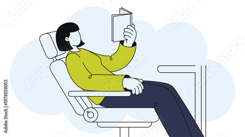 Woman relaxing in comfortable reclining chair reading book in peaceful leisure time illustration
