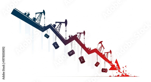Oil prices falling graph with oil pumps and barrels.