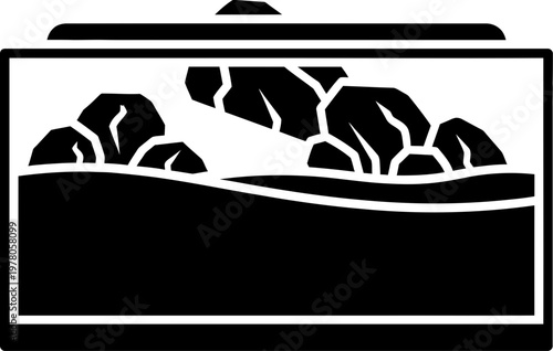 Silhouette of a modern glass fish tank aquarium with rocks and substrate arrangement for pet care and hobbyist graphic design elements