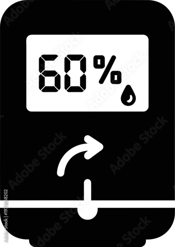Black and white dehumidifier icon showing sixty percent humidity level digital display for home moisture control and air quality maintenance