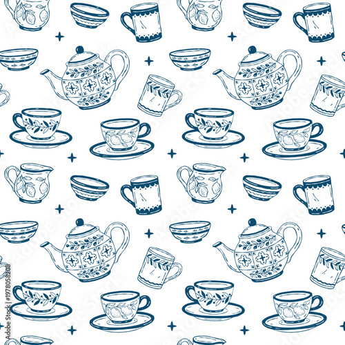 Seamless Mediterranean pattern with hand-drawn vector ceramic tea set including cups, mugs, teapot, bowls, and creamer decorated with lemons, olives, and geometric botanical motifs