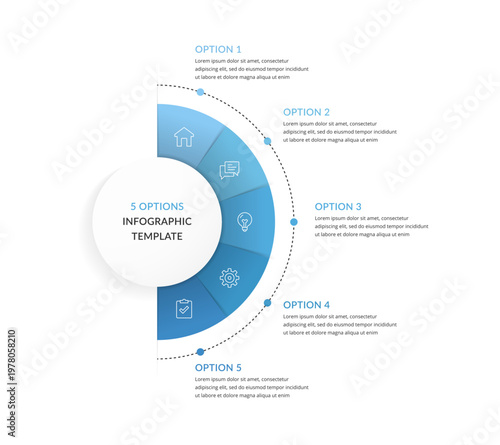 Foto Infographic template with central circle with and five step designed as semicirc