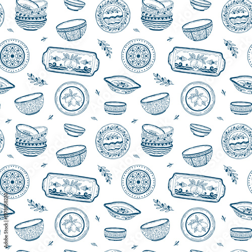 Seamless Mediterranean pattern with hand-drawn vector ceramic dining set including plates, bowls, and serving dishes decorated with lemons, olives, and geometric botanical motifs