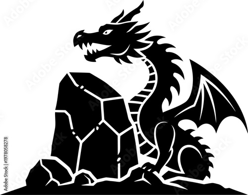 Black and white dragon silhouette illustration sitting near a large cracked rock mascot for gaming logo or fantasy themed branding design