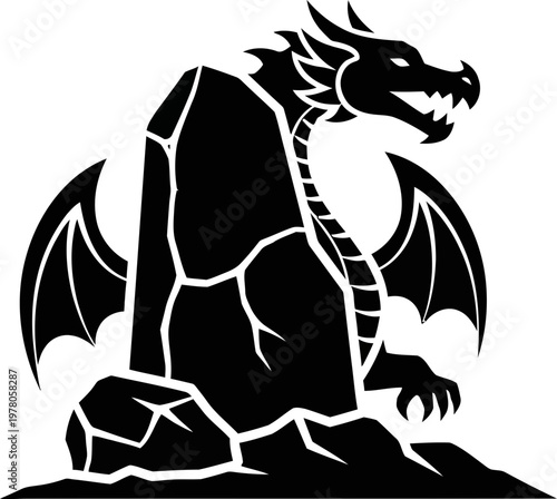 Black Dragon Silhouette Perched on a Mountain Stone Rock for Fantasy Gaming Logos and Mythical Beast Minimalist Graphic Design Elements