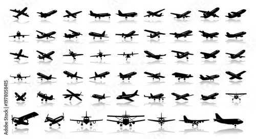 Collection of Airplane Silhouettes Flying and on Ground.