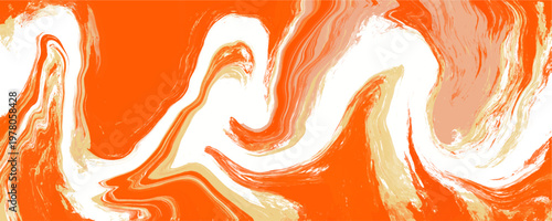 Abstract orange and white wavy fluid liquid marble texture background. This modern vibrant acrylic paint pour pattern is perfect for creative graphic design.
