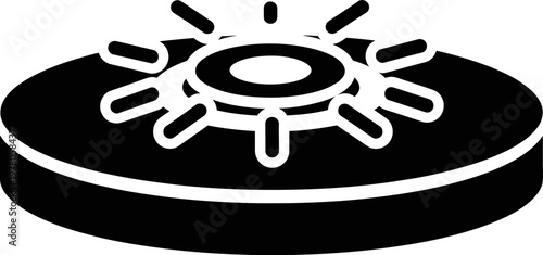 Black and white gas stove burner icon showing a circular hob with flame symbols for kitchen appliance cooking and domestic heat energy design