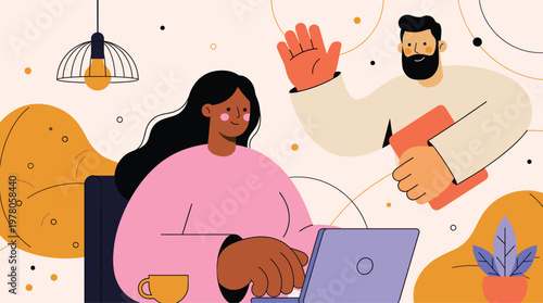 Remote work collaboration showing woman on laptop in video conference call with man waving hello from home office illustration