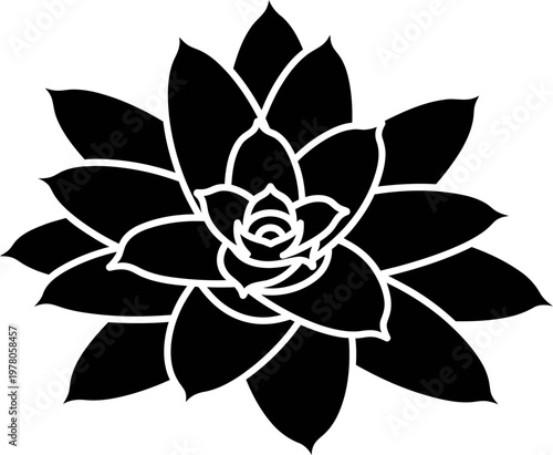 Black and White Succulent Silhouette Rose Flower Icon for Minimalist Floral Nature Design Graphics Isolated on Simple White Background