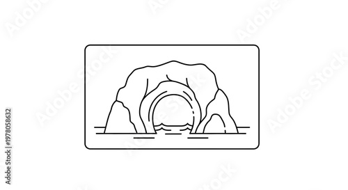 Cave Entrance with Archway and Water, Minimalist Line Art Illustration