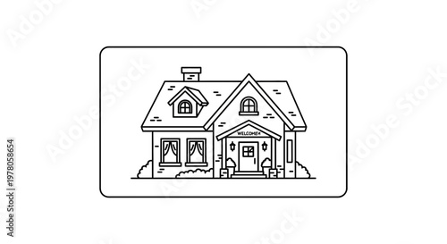 Charming House Exterior Line Art Illustration: Cozy Home Facade with Welcome Sign