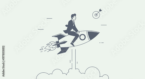 Businessman Riding Rocket Ship Upward Fast.