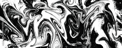 Abstract chaotic black and white fluid marble texture background. Dynamic dark stormy swirling wavy liquid acrylic paint pour pattern for creative modern graphic design, trendy artistic design.