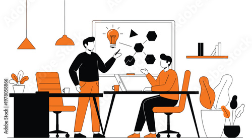 Two businessmen in orange and black minimalist illustration discussing ideas in modern office with whiteboard and lightbulb for business and teamwork