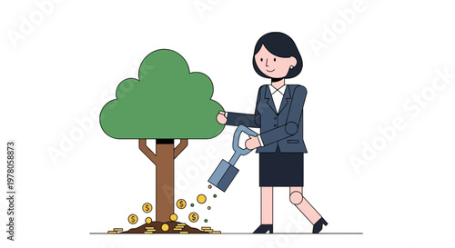 Woman watering a small tree plant.
