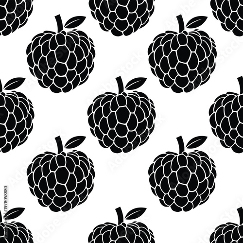 Custard apple pattern seamless black exotic fruit illustration on checkered background.