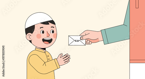 Boy receiving an envelope from person.