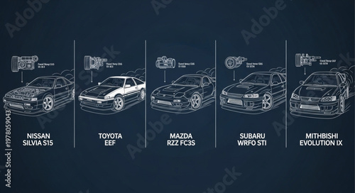 Blueprint Schematics of Five Different Sports Cars.