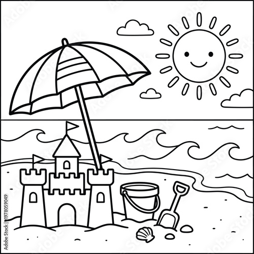 Coloring page for children with a beach scene and sandcastle vector