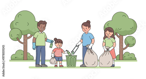 Family picking up trash together outdoors.