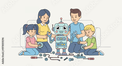 Family with children and robot toy.