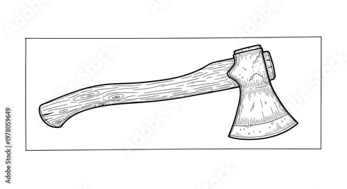 Vintage Hand Axe Drawing, Rustic Woodworking Tool, Isolated on White Background