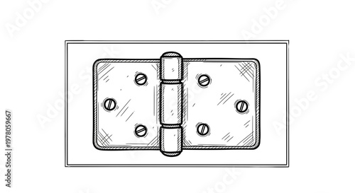 Vintage hinge drawing, detailed sketch of a metal door hinge with screws, isolated on white