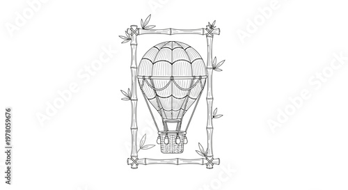 Vintage Hot Air Balloon Framed by Bamboo, Retro Adventure Illustration