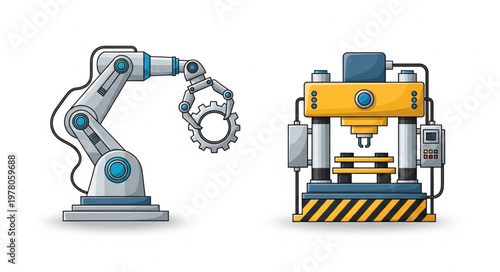 Industrial robot arm holding a gear next to a hydraulic press machine.
