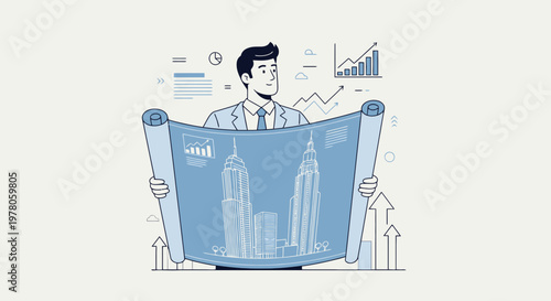 Businessman Holding Large City Map Blueprint.