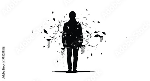 Solitary figure silhouetted against a backdrop of abstract natural elements and falling leaves