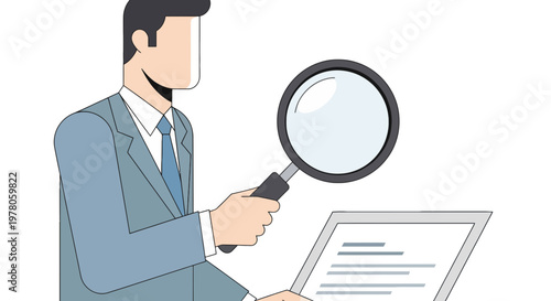 Businessman Examining Document with Magnifying Glass.
