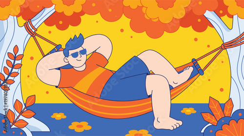 Man relaxing in colorful striped hammock between trees under orange clouds enjoying peaceful outdoor leisure time illustration