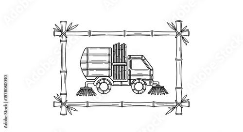 Street Sweeper Truck Icon with Bamboo Frame, Clean City Concept