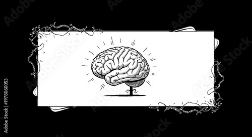 Stylized Brain Illustration with Glowing Aura and Barbed Wire Frame