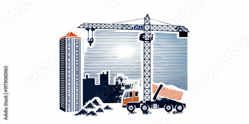 Construction site featuring a tower crane buildings and heavy machinery