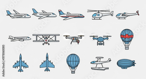 Collection of various aircraft and air vehicles illustration.