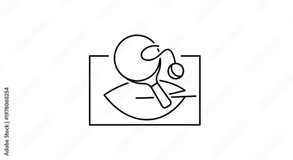 Fototapeta premium Table Tennis Icon: Ping Pong Paddle, Ball, and Net in Minimalist Line Art Style