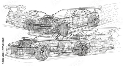 Three racing cars in a wireframe drawing style.