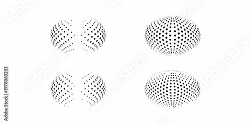 Four spherical arrangements of black dots on a white background