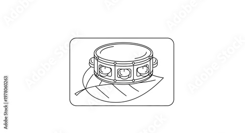 Tambourine on a leaf, musical instrument, nature, rhythm, sound, percussion, outline drawing