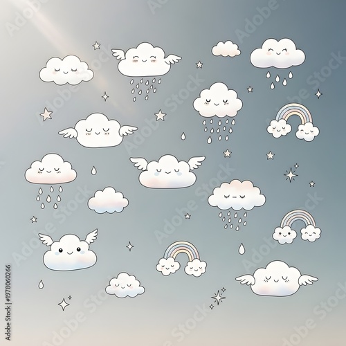 Fluffy cloud with raindrops and snowflakes on light blue background