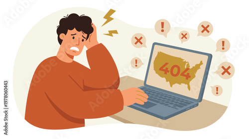 A frustrated man holds his head while facing a laptop displaying a 404 error page with warning icons illustration