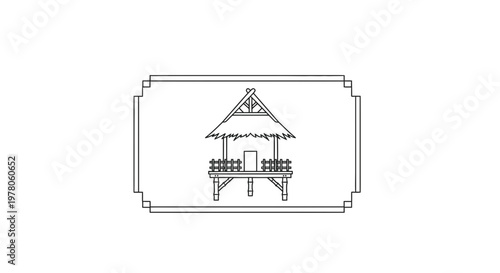 Simple Line Drawing of a Traditional Hut on Stilts with Thatched Roof