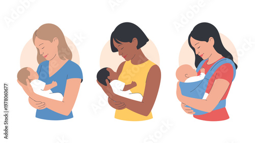 Three diverse women holding babies in nurturing poses, showcasing maternal care, bonding, and early childhood parenting, symbolizing love, diversity, and family unity in a modern vector illustration
