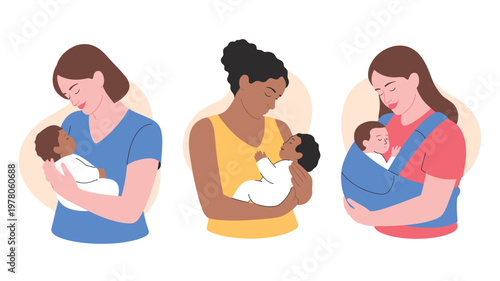Three diverse women holding babies in gentle, nurturing poses, representing maternal affection, emotional bonding, and early development care, clean and contemporary vector illustration