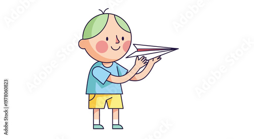 Smiling Boy Holding Paper Airplane Toy.