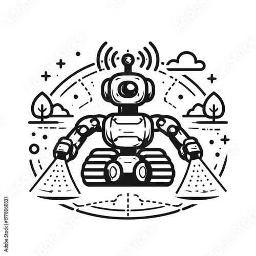 Friendly Robot Character with Spraying Nozzles, Depicting Automation and Advanced Technology