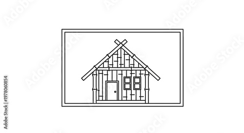 Simple Bamboo Hut House Outline Drawing, Rustic Dwelling, Eco-friendly Architecture